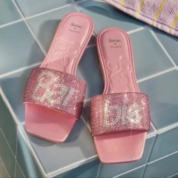 Aldo x Barbie Barbieville Pink Satin Rhinestone Flat Slide Sandals New Woman’s - Picture 9 of 11